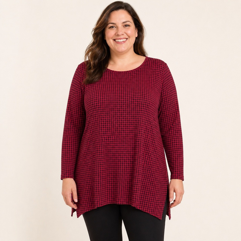 J.Jill Luxe Supima Women's XL Red Black Micro Check Forward Seam Tunic Top